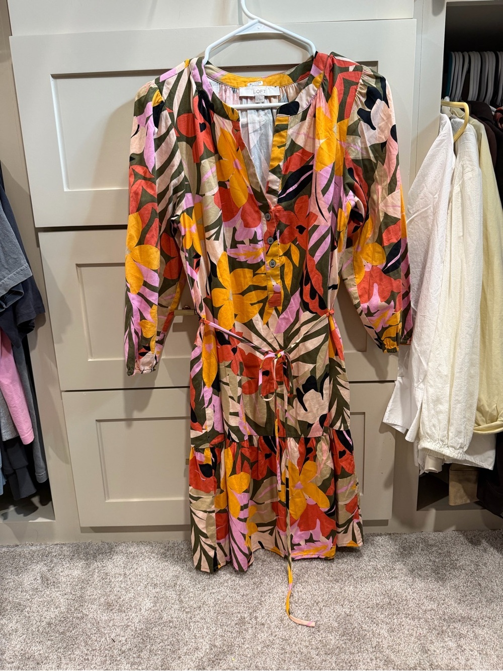 LOFT Multicolor Floral Button-Front Midi Dress